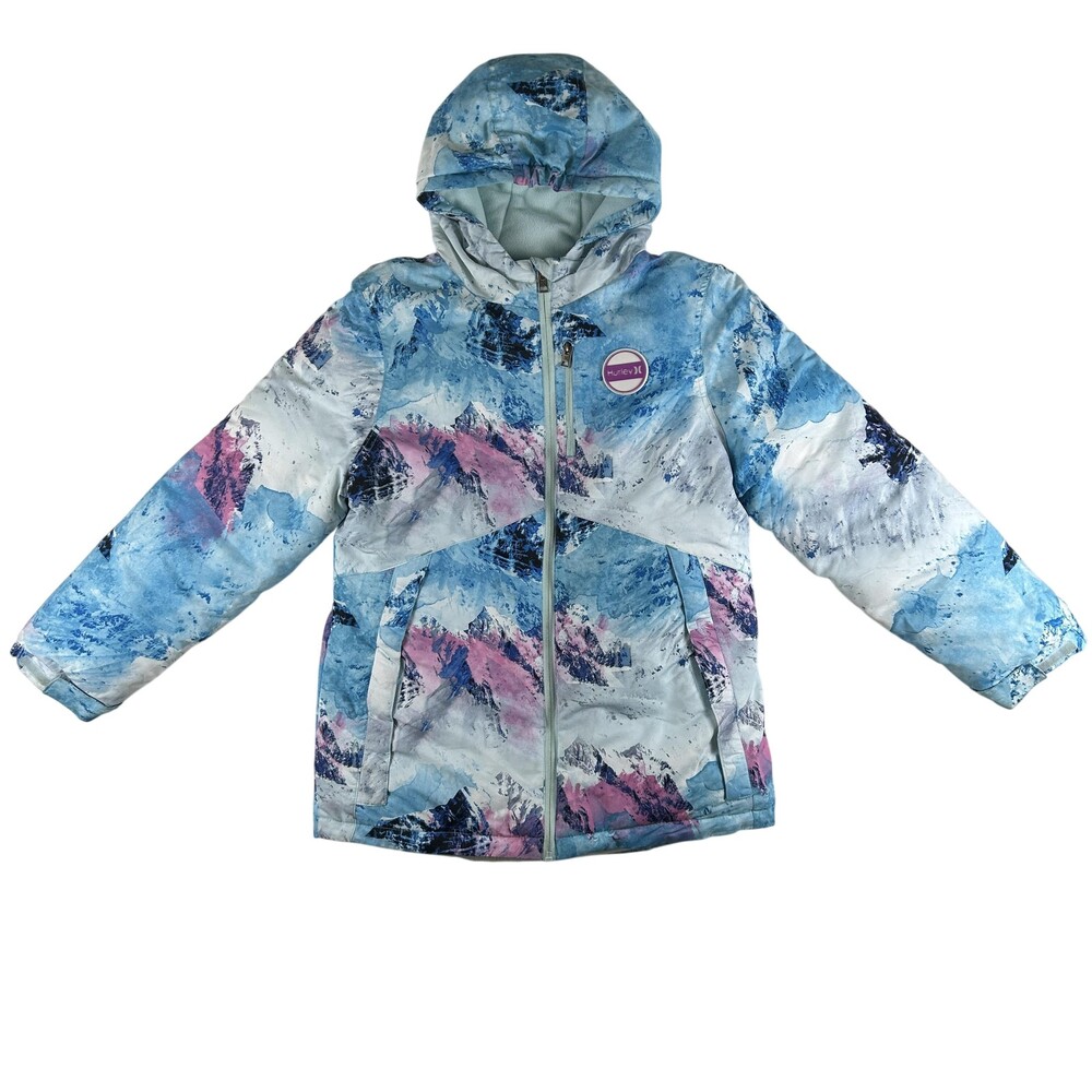 Hurley Jacket Kids Large 14/16 Blue Mountain Print Hooded Ski Snow Winter